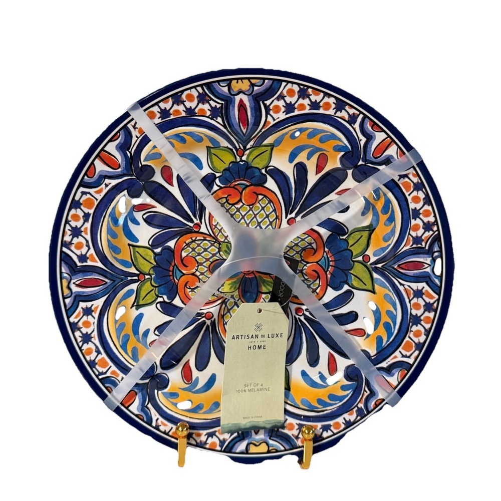 Set 4 Melamine 9" Salad Plates Artisan De Luxe Blue Orange Spanish Medallion NEW